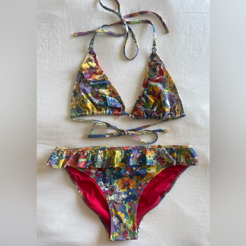 Stella McCartney Swimwear | Colorful Floral Print Ruffle Bikini Set, Size M